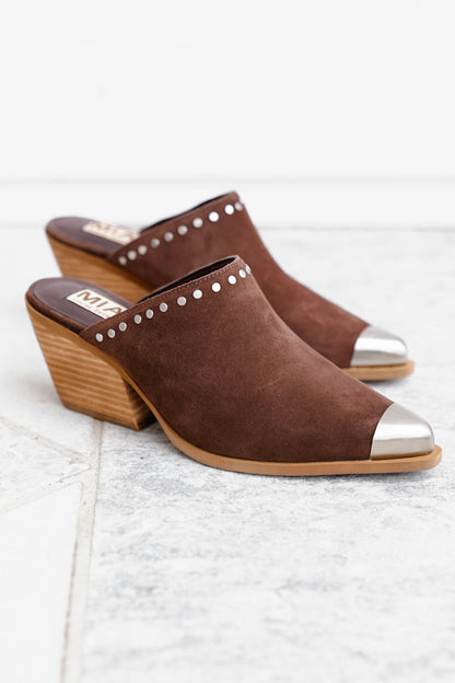 MIA Studded Suede Block Heel Mules with Metal Cap Toe