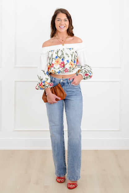 Floral Embroidered Long Sleeve Off Shoulder Crop Top