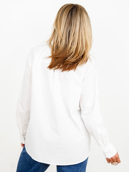 White Long Sleeve Button Down Top With Heart Accents