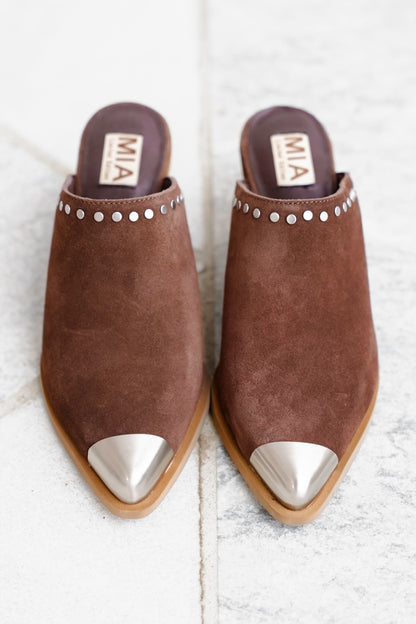 MIA Studded Suede Block Heel Mules with Metal Cap Toe
