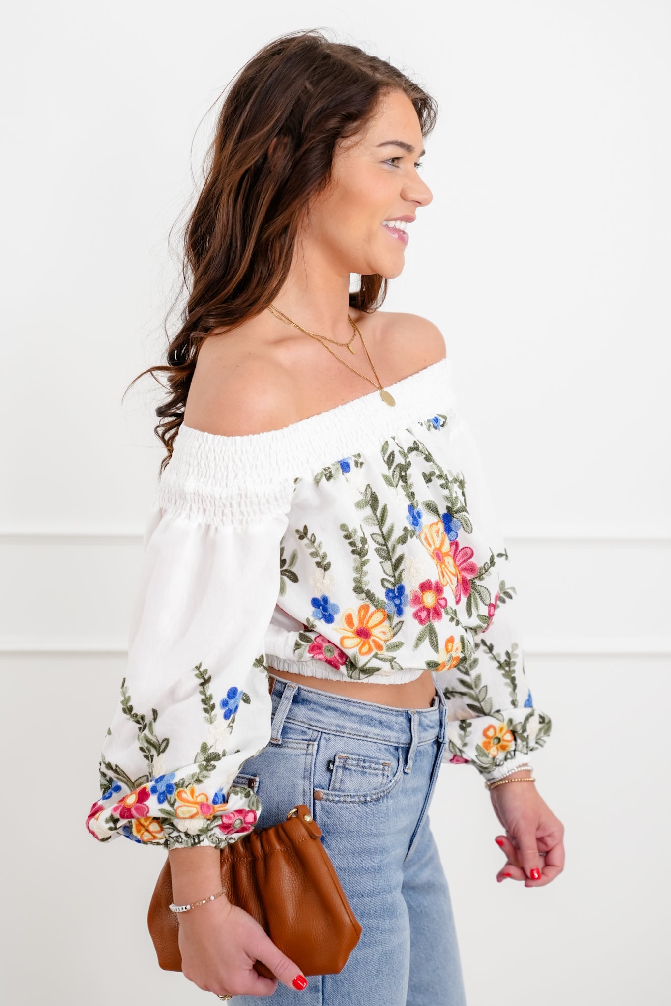 Floral Embroidered Long Sleeve Off Shoulder Crop Top