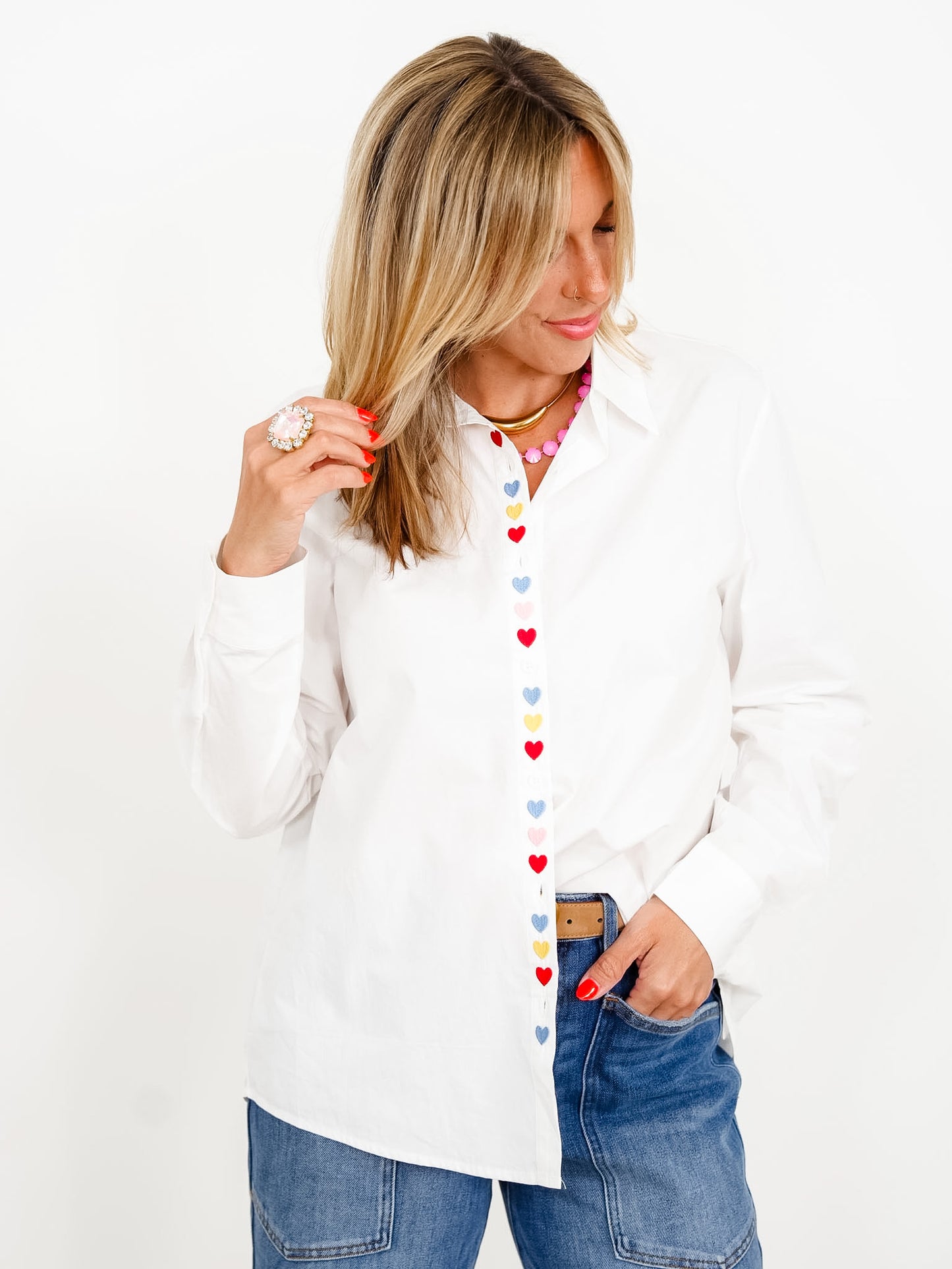 White Long Sleeve Button Down Top With Heart Accents