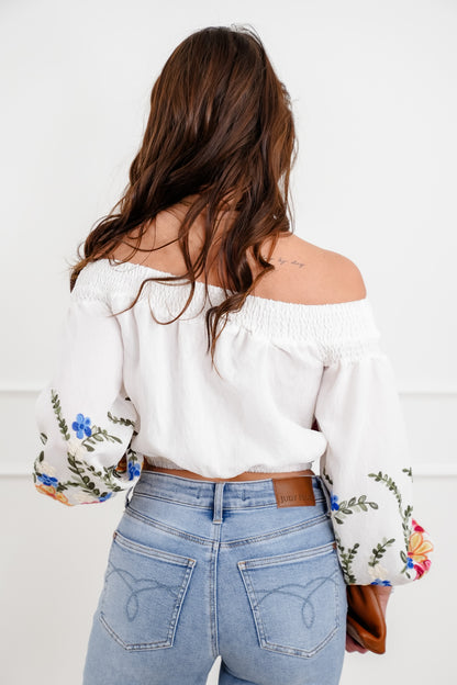 Floral Embroidered Long Sleeve Off Shoulder Crop Top