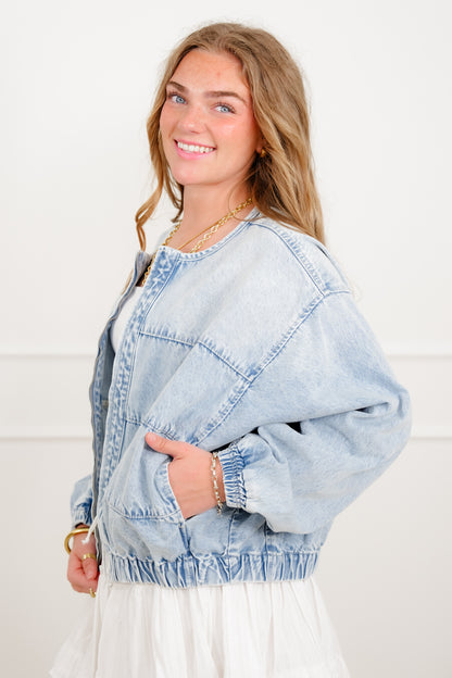 Light Wash Long Sleeve Zip-Up Bomber Jacket