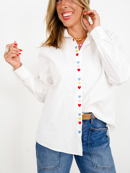White Long Sleeve Button Down Top With Heart Accents