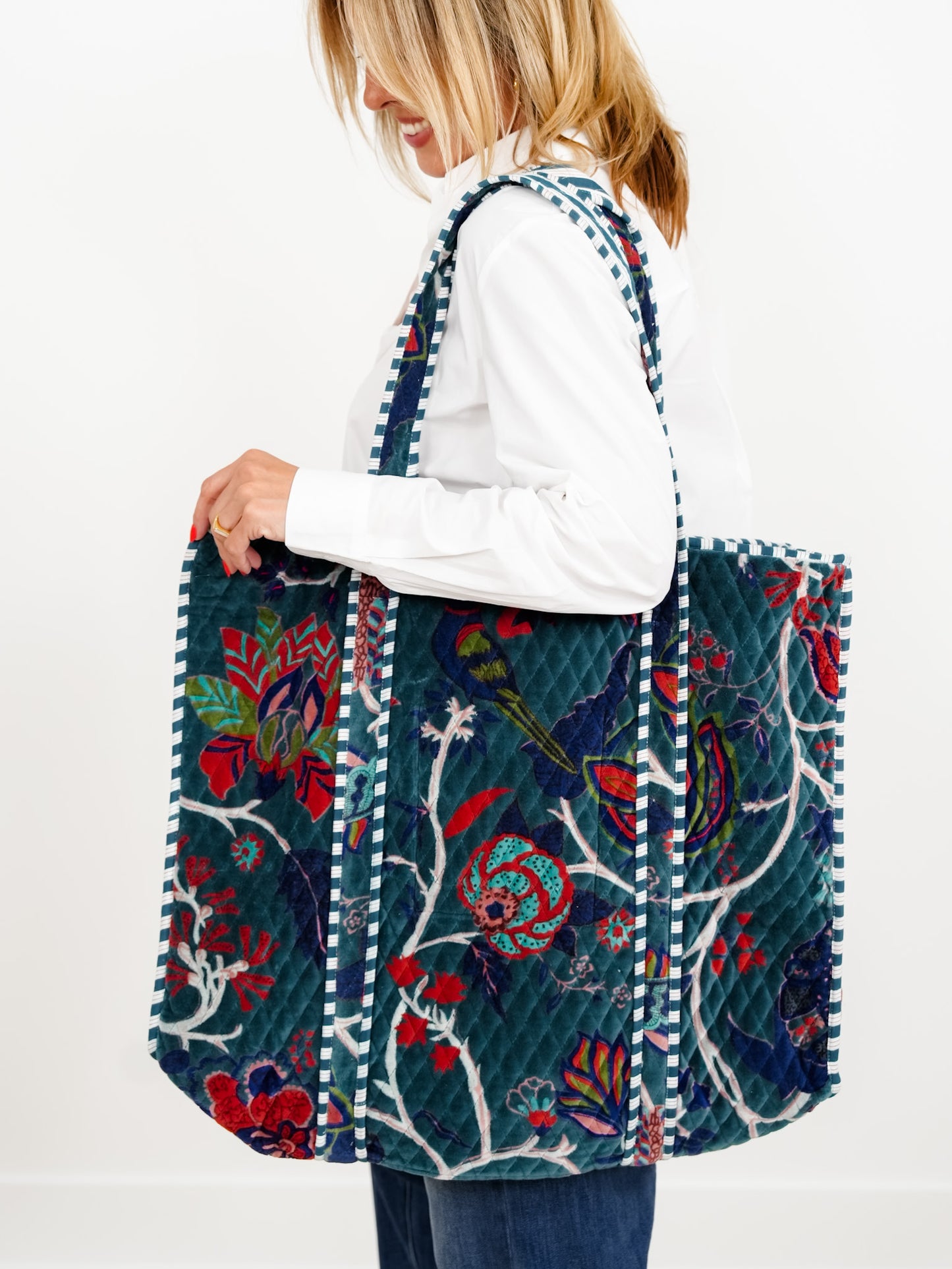 POL Teal Green Botanical Velvet Quilted Tote Bag