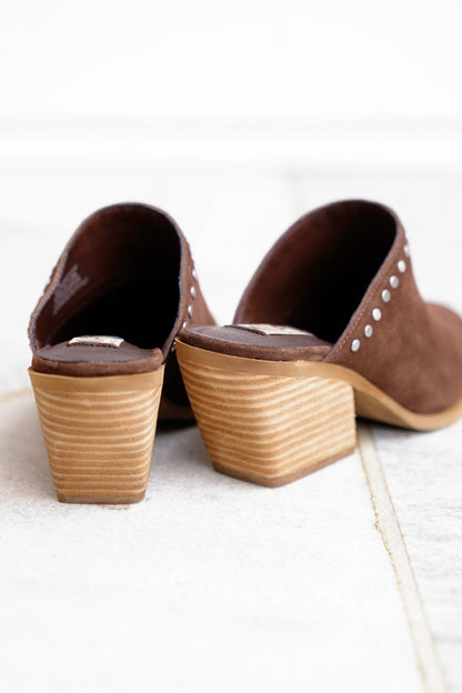MIA Studded Suede Block Heel Mules with Metal Cap Toe