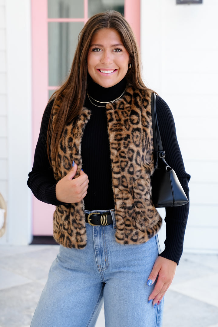 Vegan Leopard Fur Vest with Patch Pocket Detail