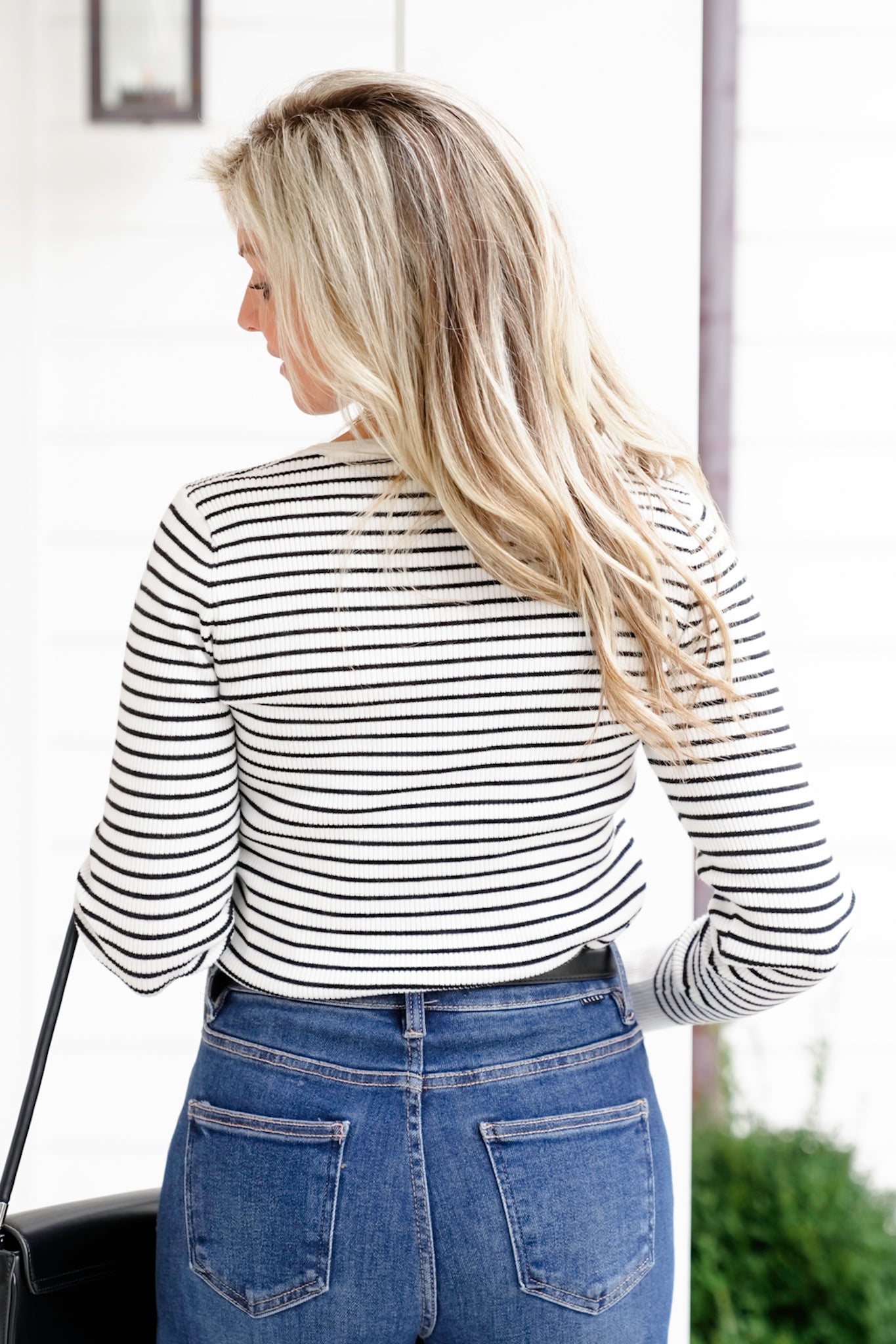 Ribbed Stripe Long Sleeve Round Neck Top