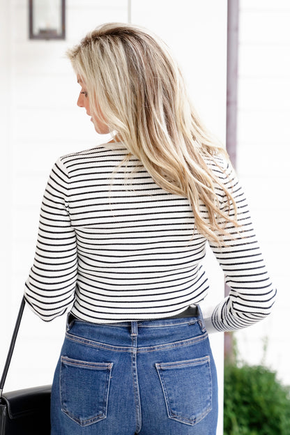 Ribbed Stripe Long Sleeve Round Neck Top