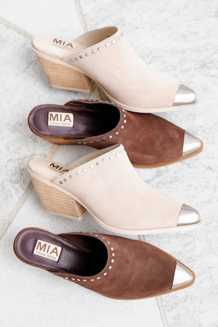 MIA Studded Suede Block Heel Mules with Metal Cap Toe