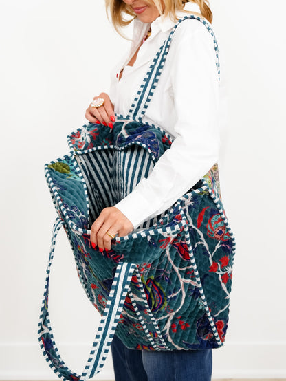 POL Teal Green Botanical Velvet Quilted Tote Bag