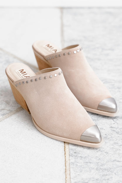 MIA Studded Suede Block Heel Mules with Metal Cap Toe