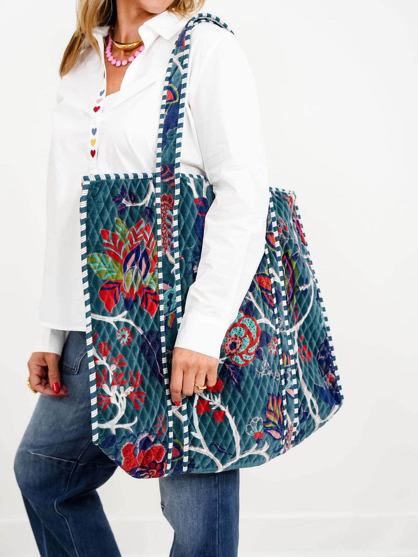 POL Teal Green Botanical Velvet Quilted Tote Bag