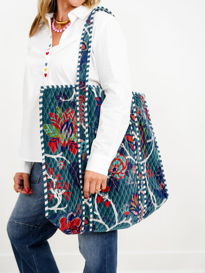 POL Teal Green Botanical Velvet Quilted Tote Bag