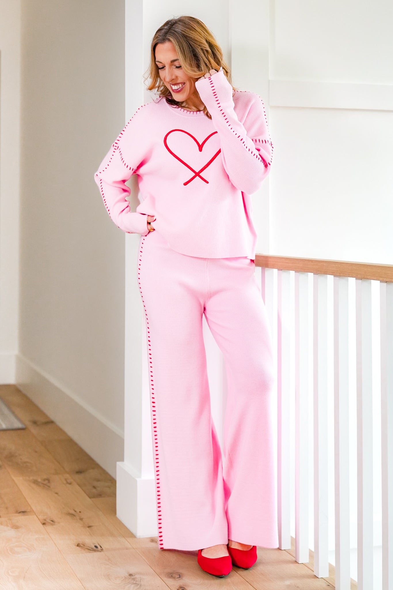 Knit Elastic Waist Pants with Blanket Stitch Trim