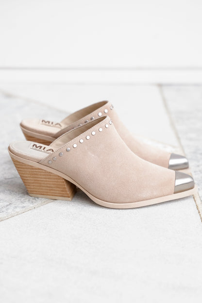 MIA Studded Suede Block Heel Mules with Metal Cap Toe