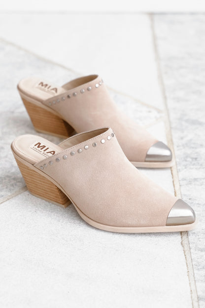 MIA Studded Suede Block Heel Mules with Metal Cap Toe