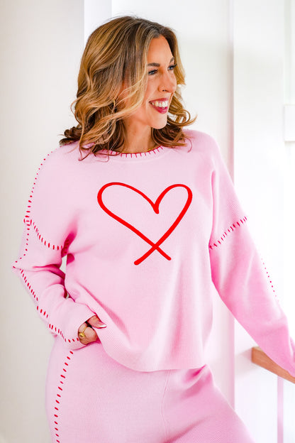 Embroidered Heart Long Sleeve Top with Blanket Stitch Trim