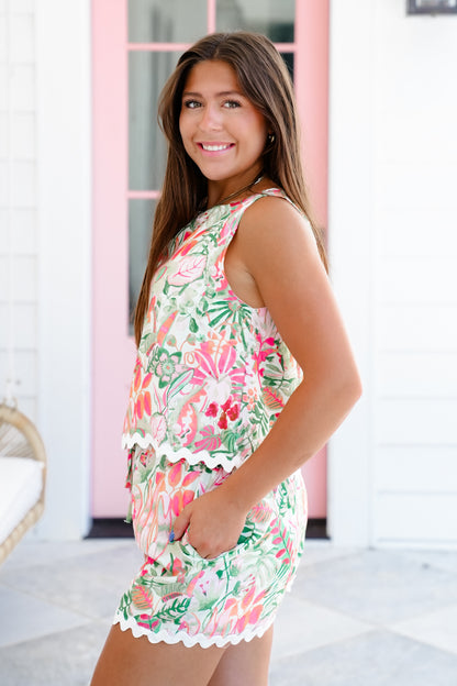 Floral Print Sleeveless Top with Ric Rac Trim Detail