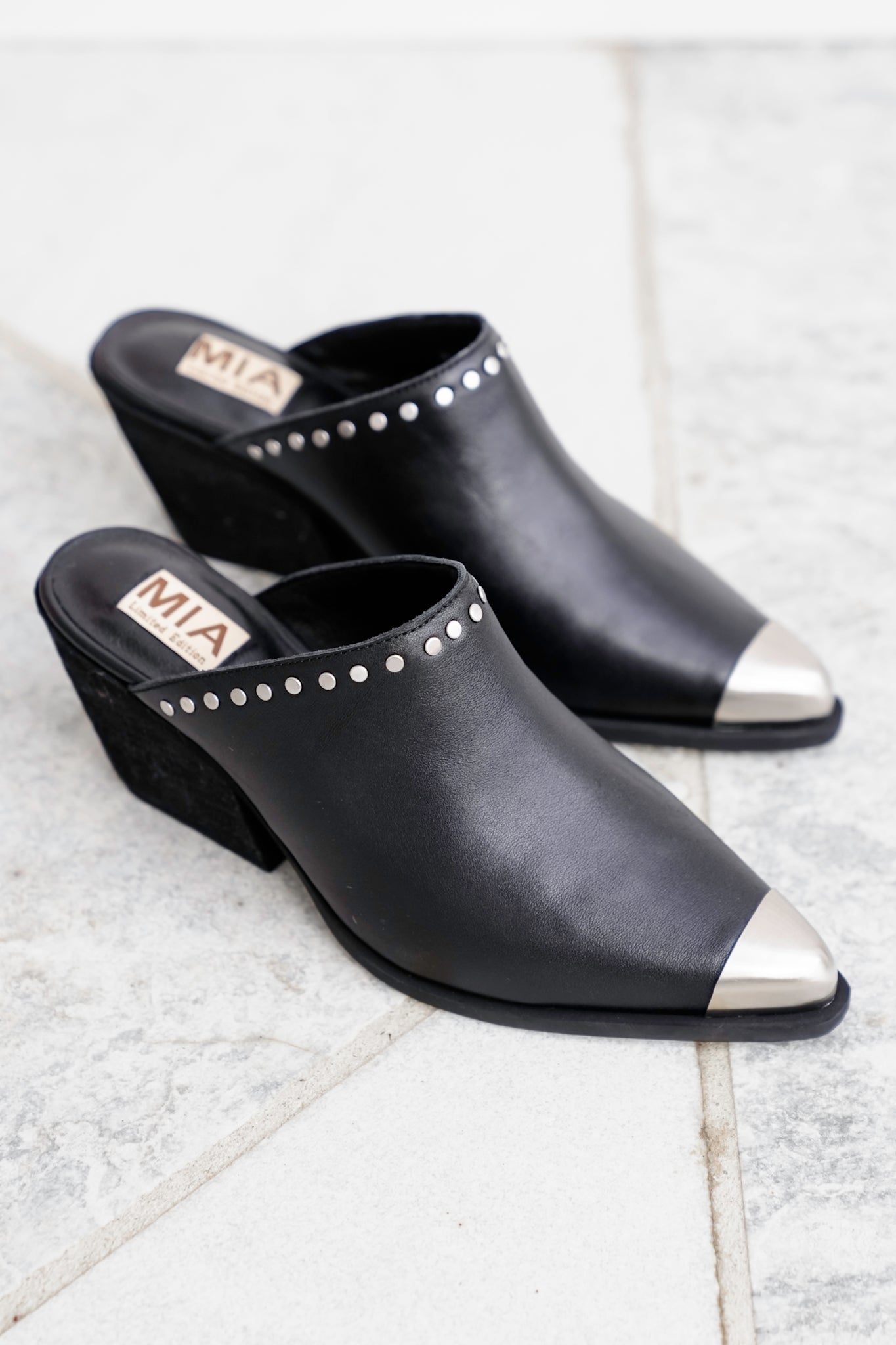 MIA Studded Leather Block Heel Mules with Metal Cap Toe