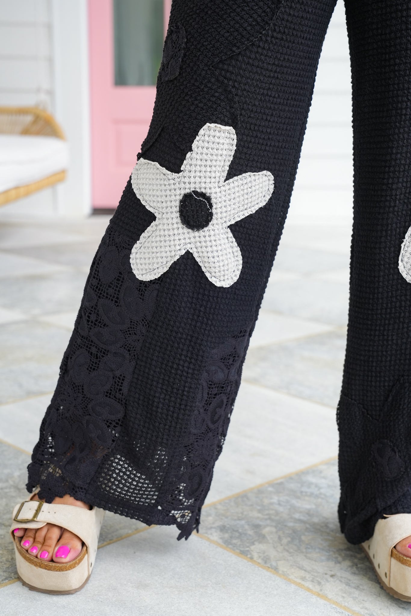Plus/Reg Thermal Elastic Waist Pants with Flower Patch Detail