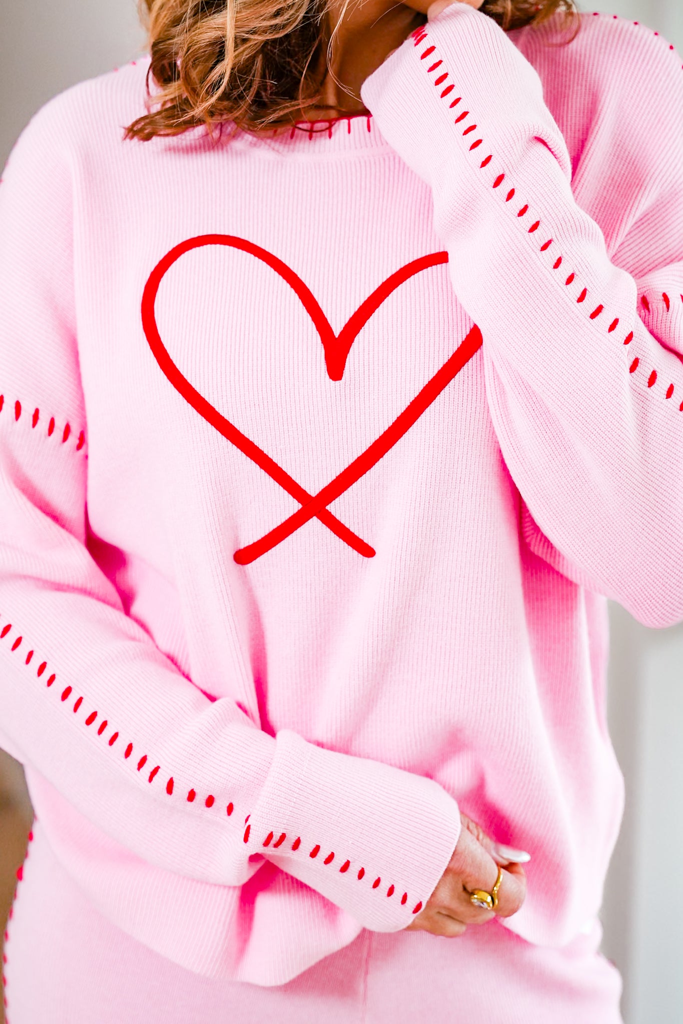 Embroidered Heart Long Sleeve Top with Blanket Stitch Trim