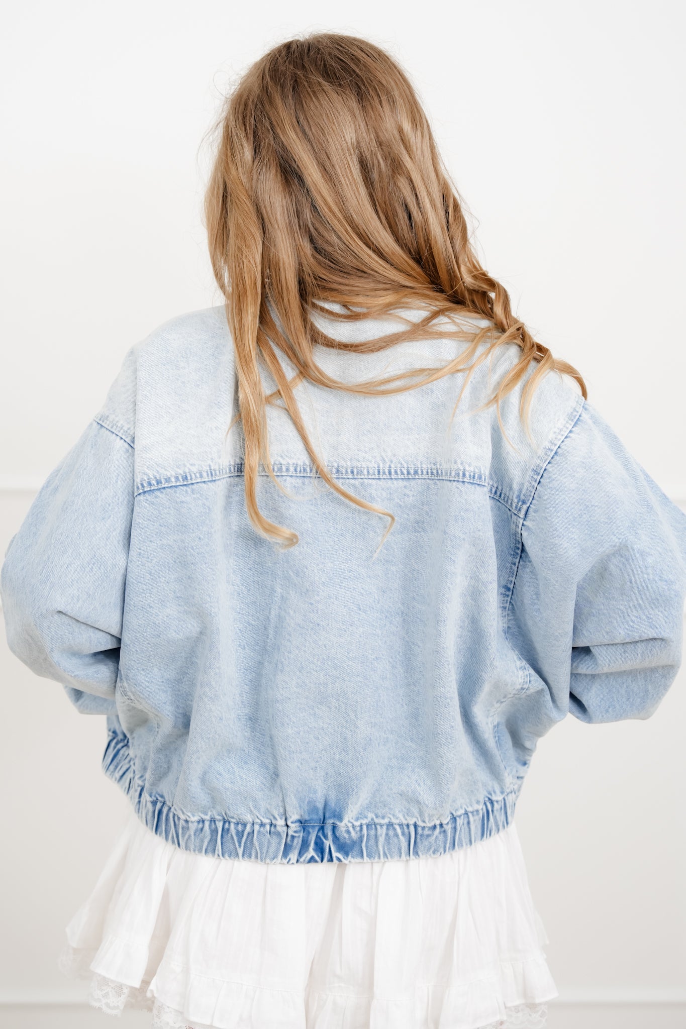 Light Wash Long Sleeve Zip-Up Bomber Jacket