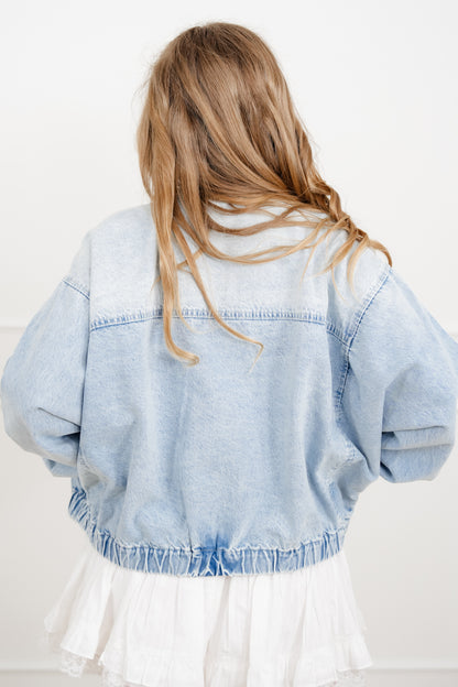 Light Wash Long Sleeve Zip-Up Bomber Jacket