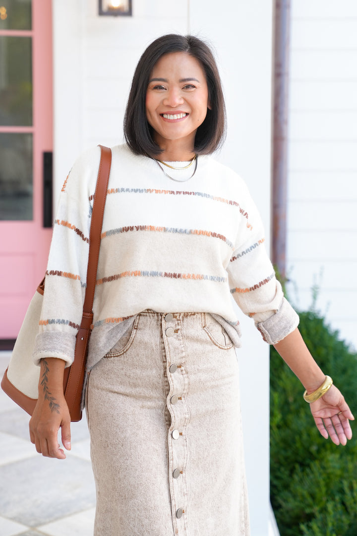 Color Block Long Sleeve Pullover Sweater with Stitching