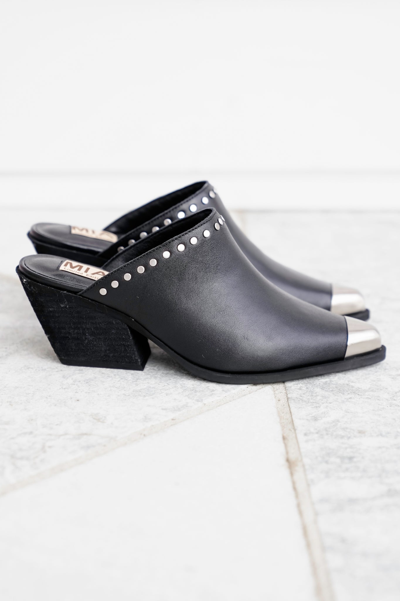 MIA Studded Leather Block Heel Mules with Metal Cap Toe