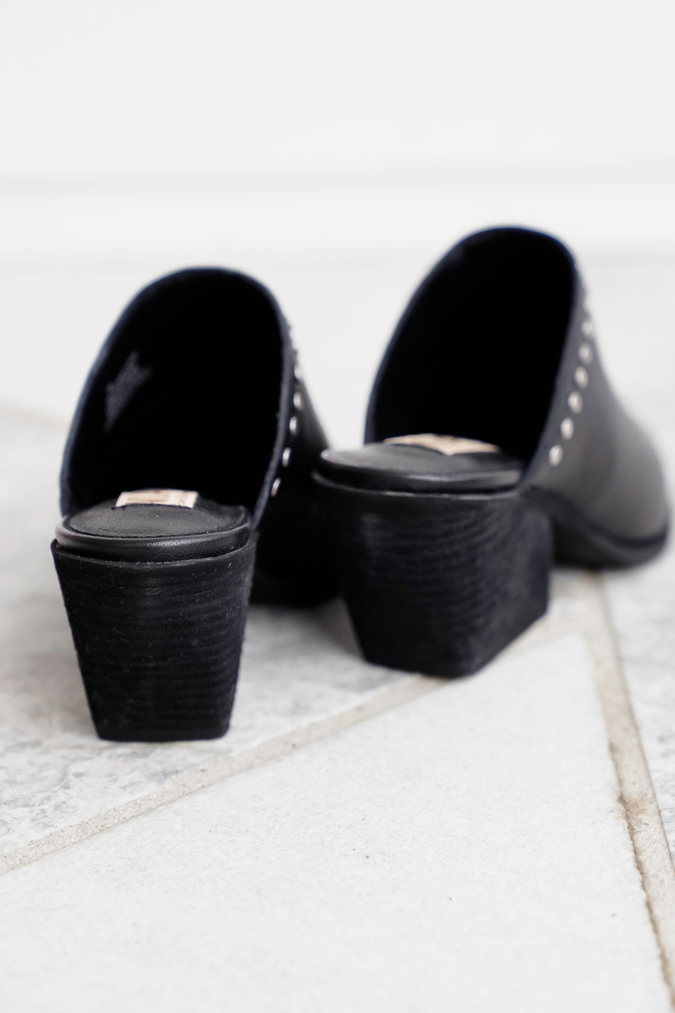 MIA Studded Leather Block Heel Mules with Metal Cap Toe