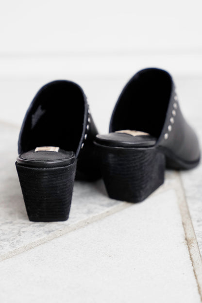 MIA Studded Leather Block Heel Mules with Metal Cap Toe