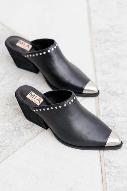 MIA Studded Leather Block Heel Mules with Metal Cap Toe