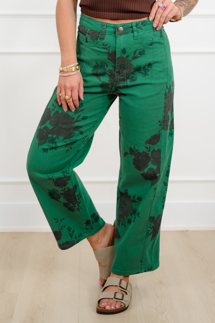 Floral Print Twill High Rise Barrel Pants - Freckled Poppy