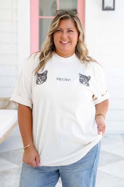 Plus/Reg Short Sleeve Cat Face "Meow" Graphic Top