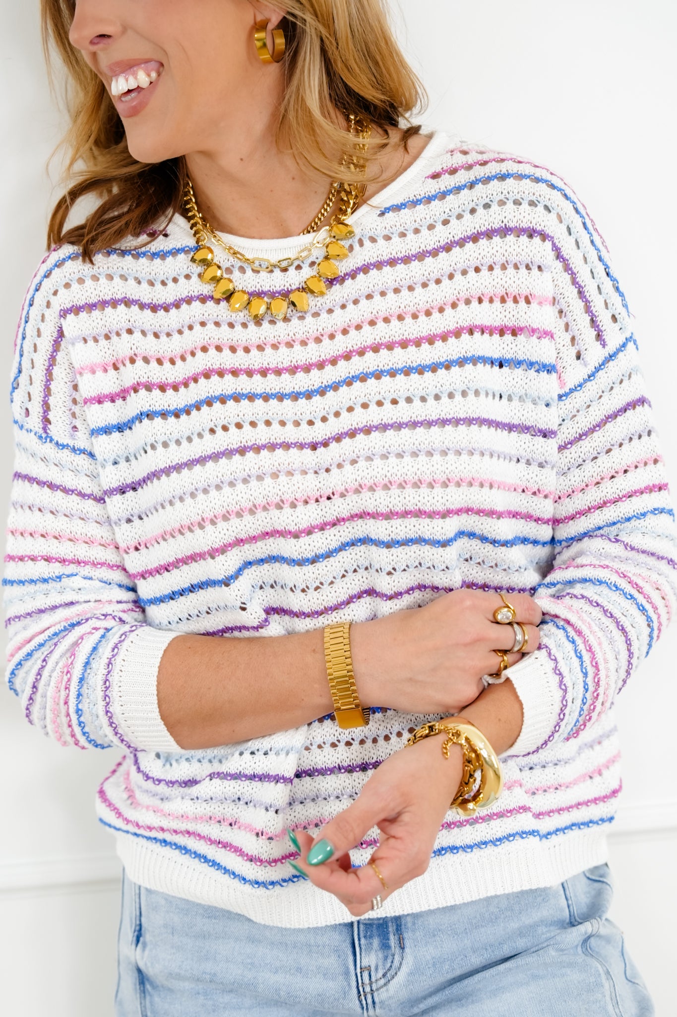 Multi Color Stripe Long Sleeve Knit Sweater Top