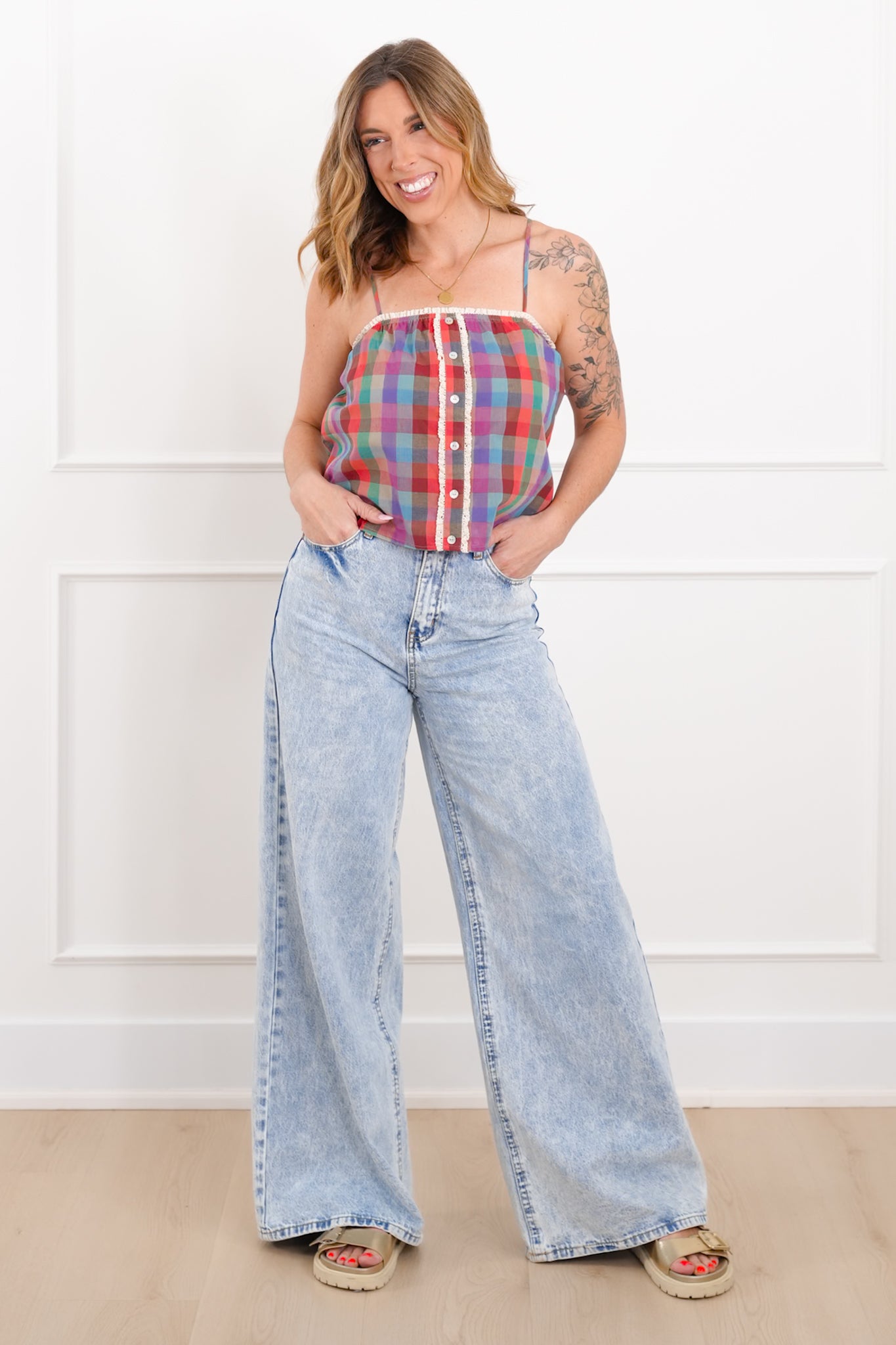 Plaid Cami Top with Lace Detail