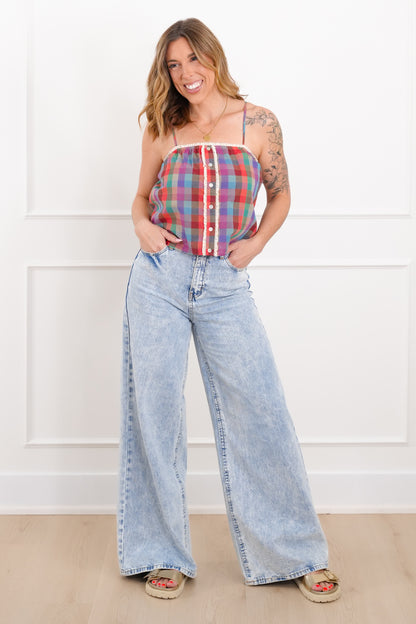 Plaid Cami Top with Lace Detail