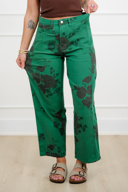 Floral Print Twill High Rise Barrel Pants