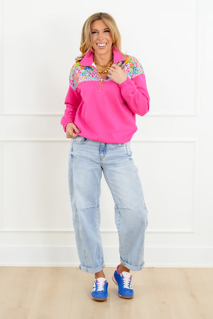 Plus/Reg Long Sleeve 1/4 Zip Pullover with Floral Detail