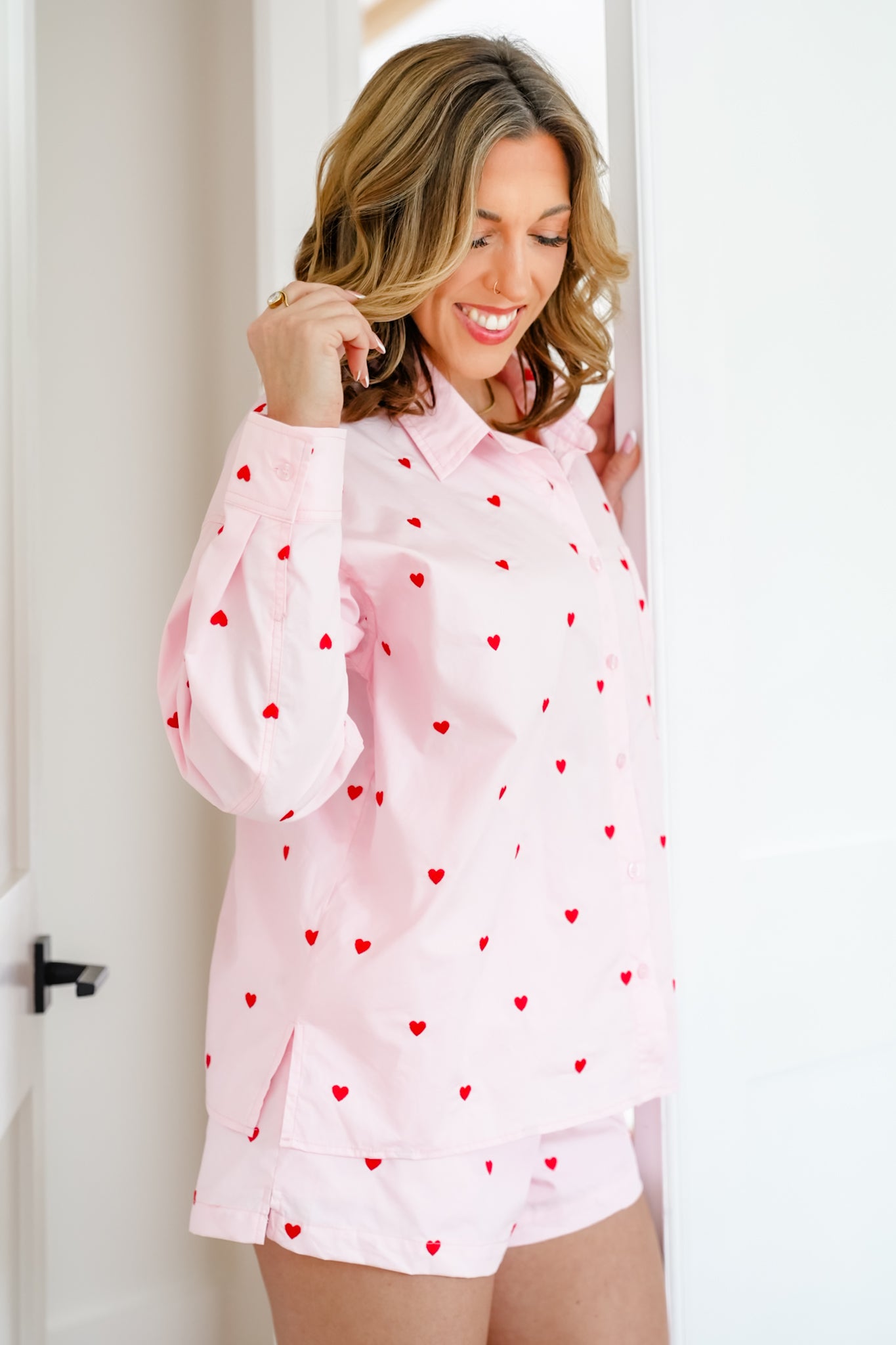 Heart Embroidered Long Sleeve Button Up Top