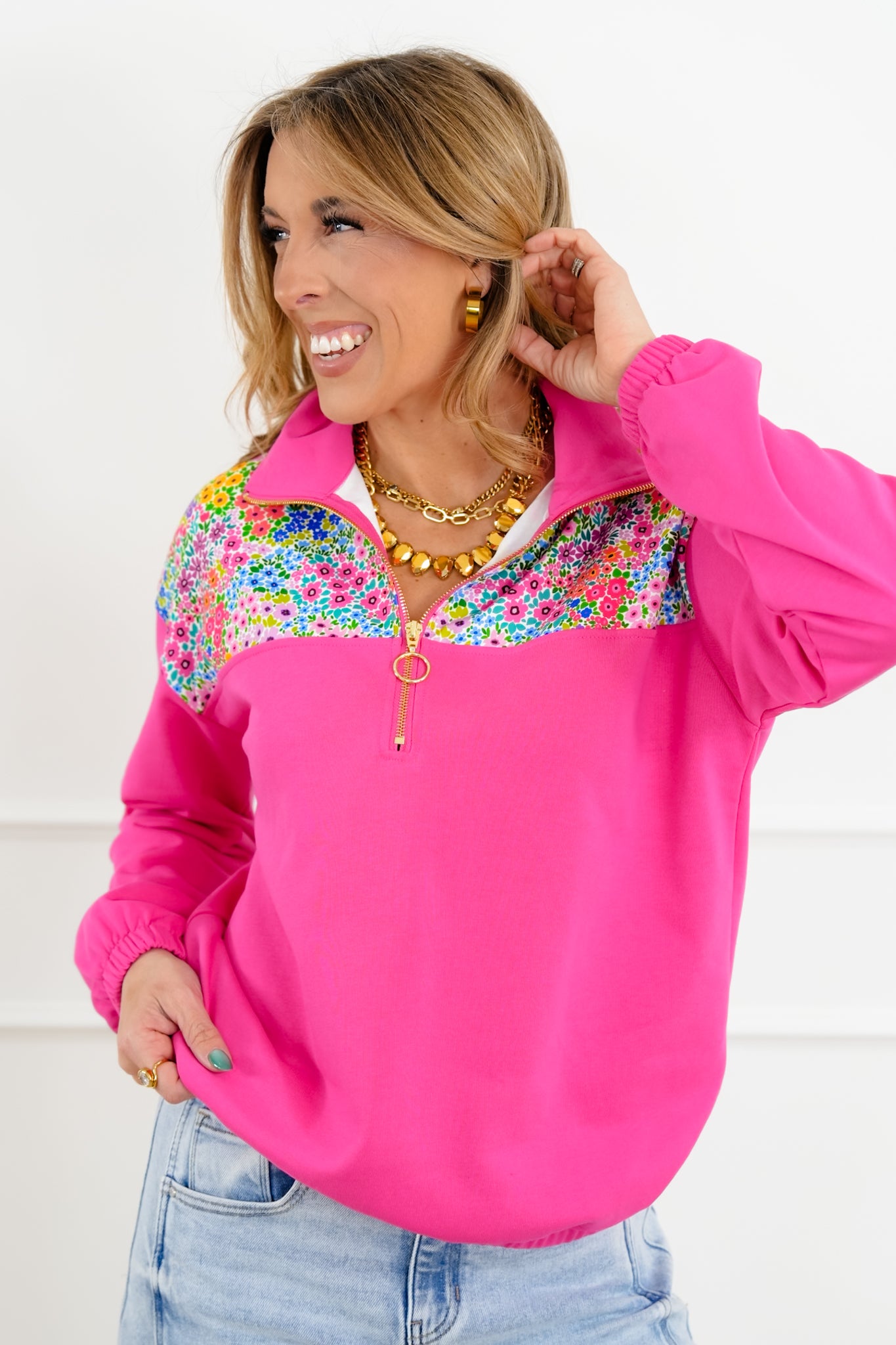 Plus/Reg Long Sleeve 1/4 Zip Pullover with Floral Detail