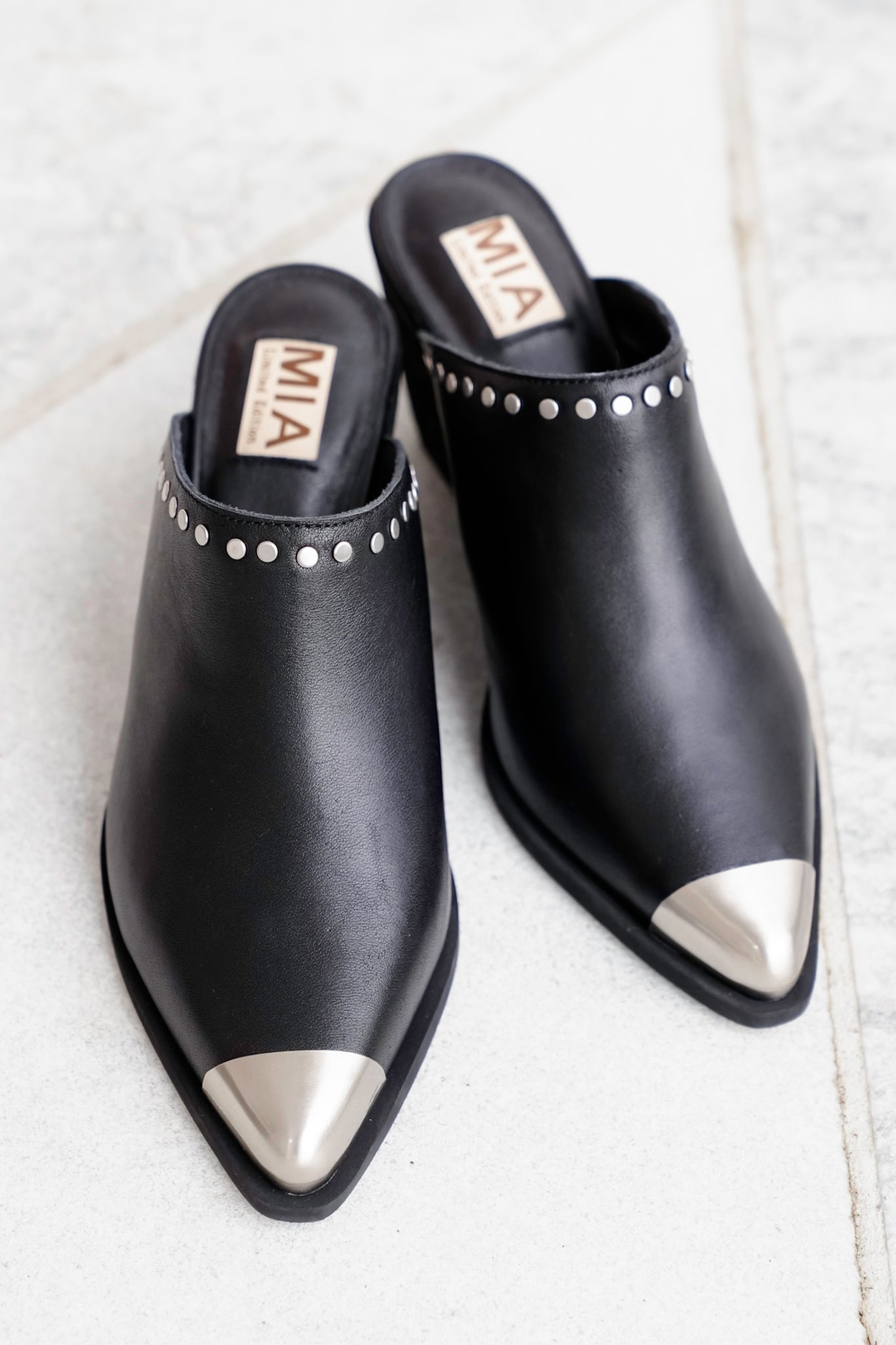 MIA Studded Leather Block Heel Mules with Metal Cap Toe