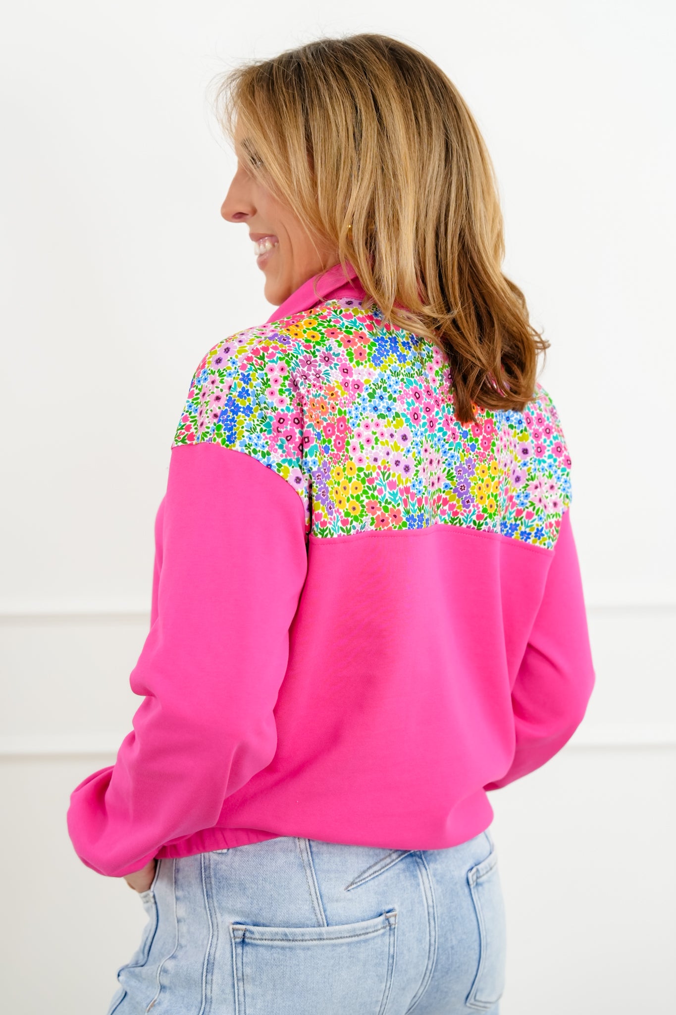 Plus/Reg Long Sleeve 1/4 Zip Pullover with Floral Detail