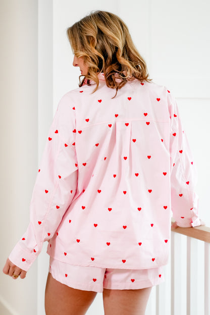 Heart Embroidered Long Sleeve Button Up Top