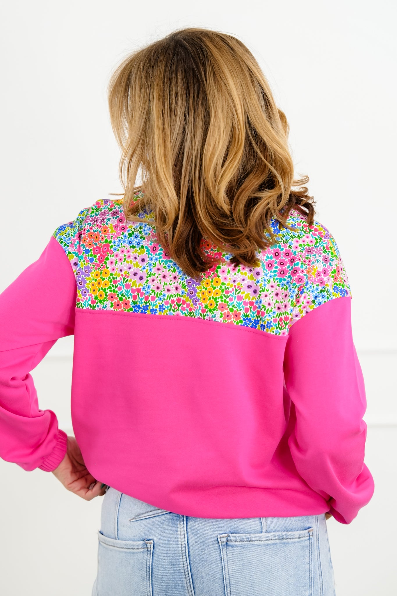 Plus/Reg Long Sleeve 1/4 Zip Pullover with Floral Detail