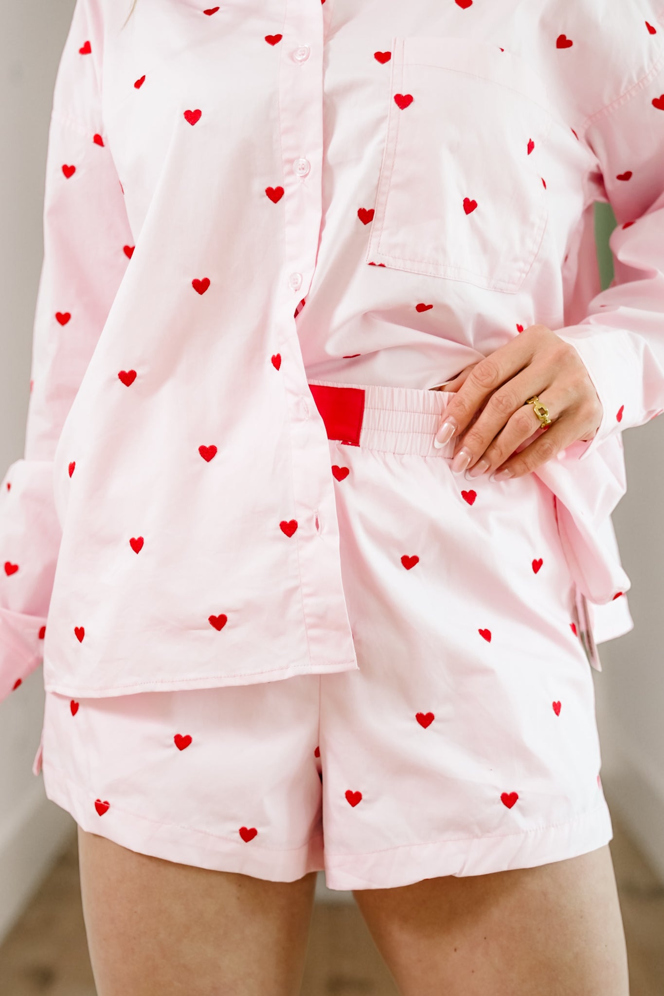 Heart Embroidered Elastic Waist Shorts with Pockets