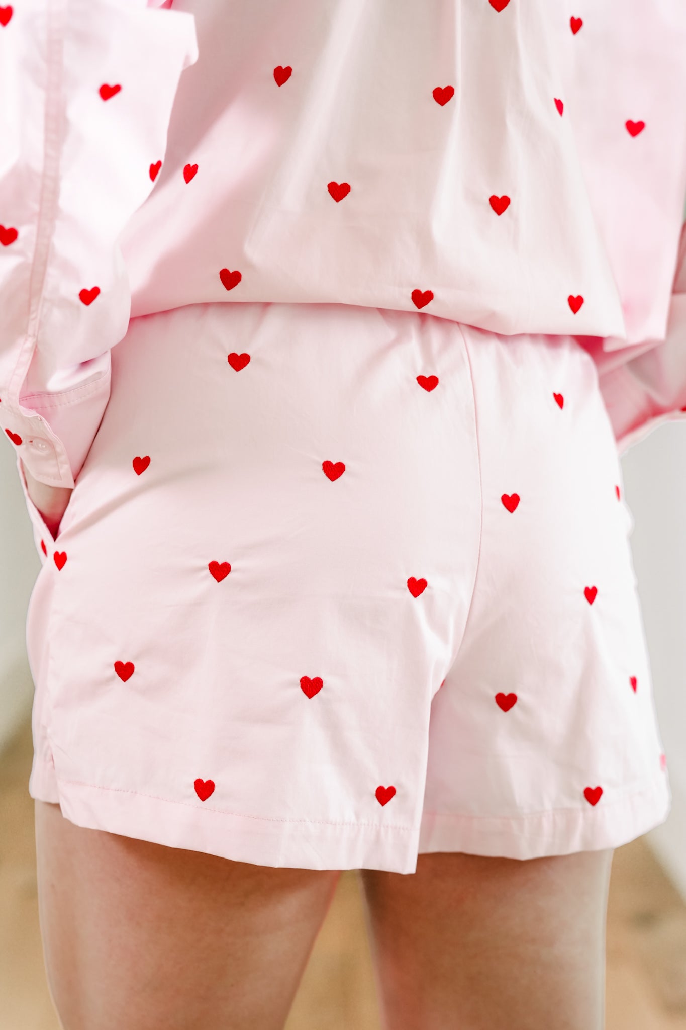 Heart Embroidered Elastic Waist Shorts with Pockets