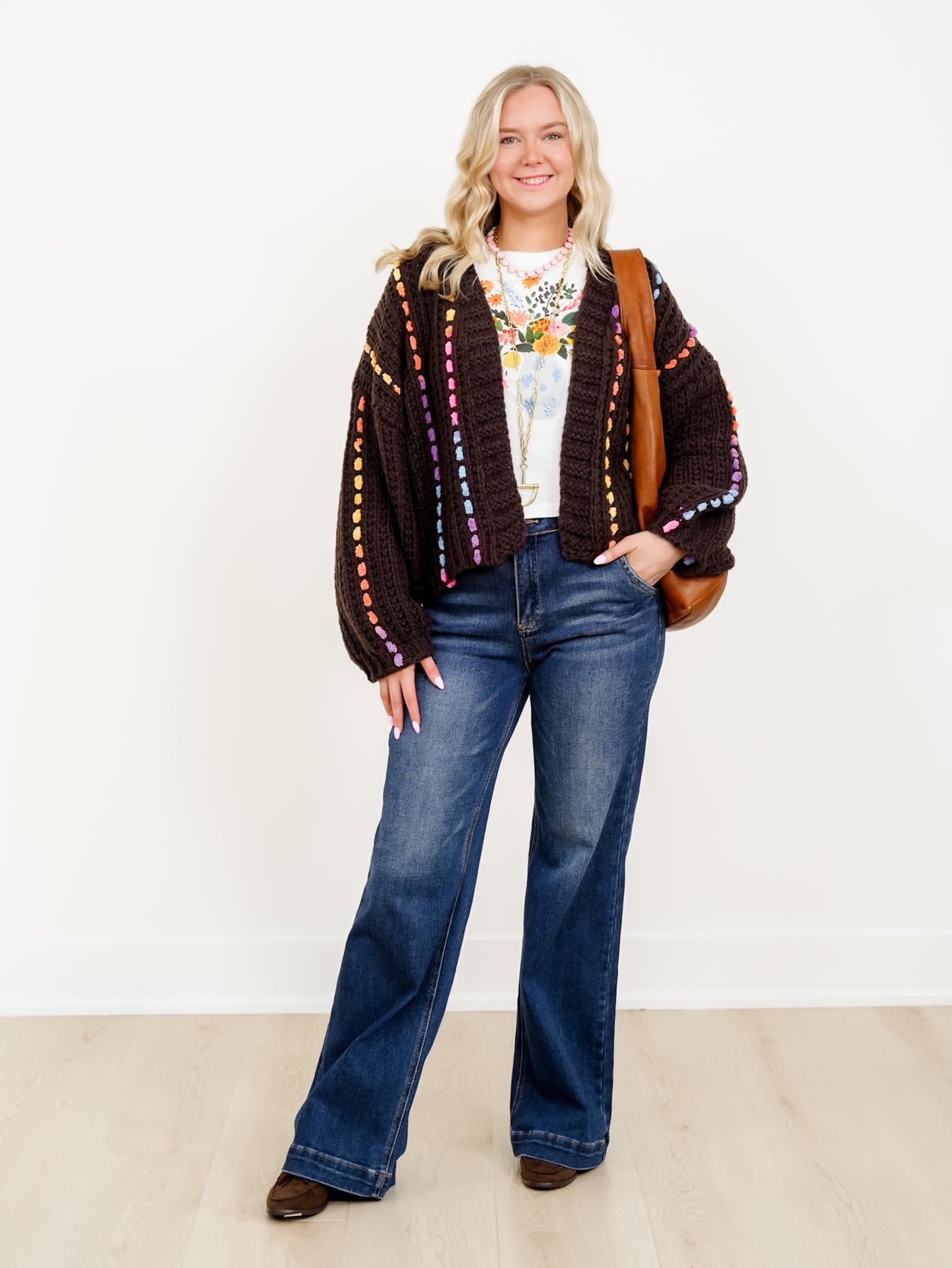 Long Sleeve Open Front Knit Cardigan with Stitch Detail